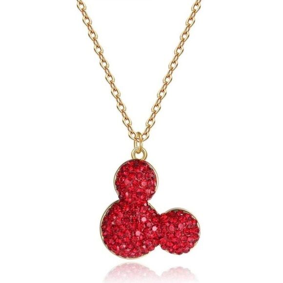 18K Yellow Gold and Ruby Red Crystal Mickey Mouse Adjustable Charm Necklace - Picture 1 of 6